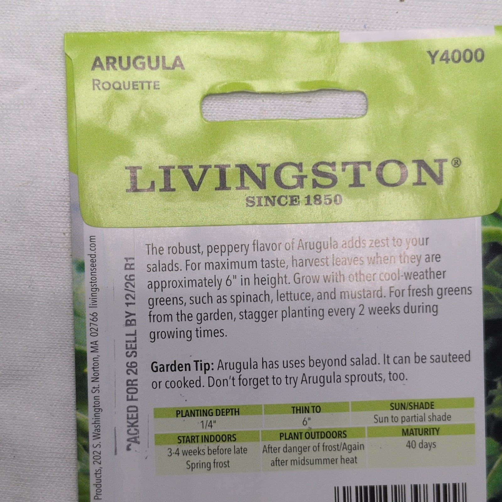 Livingston Arugula Roquette Annual Green Full Sun/Partial Shade 40 Days Y4000
