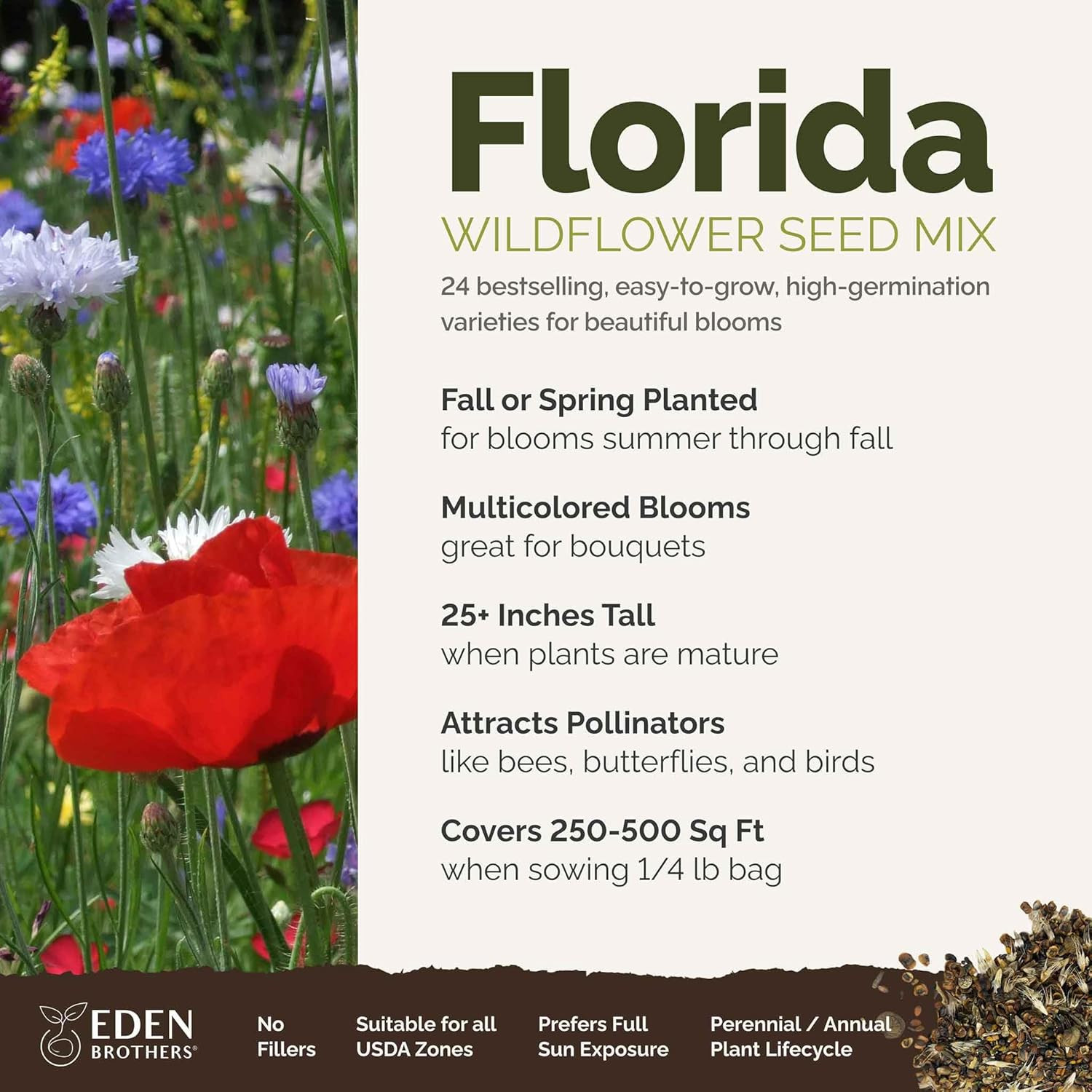 Eden Brothers Florida Wildflower Mixed Seeds for Planting, 1/4 Lb, 120,000+ Seed