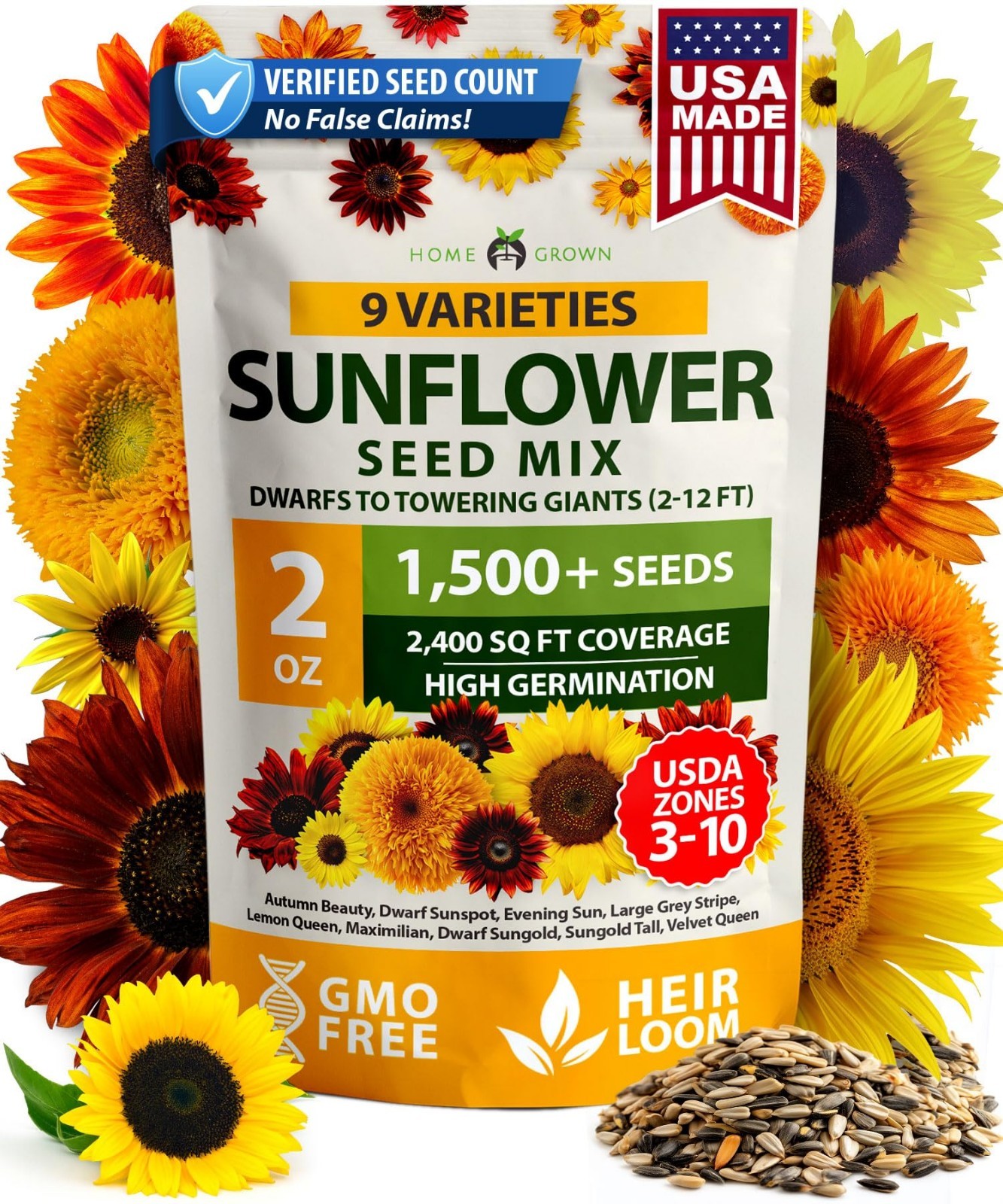 Colorful Sunflower Seeds Mix – 1,500+ Seeds, 9 Varieties, Easy to Grow, Pollinat