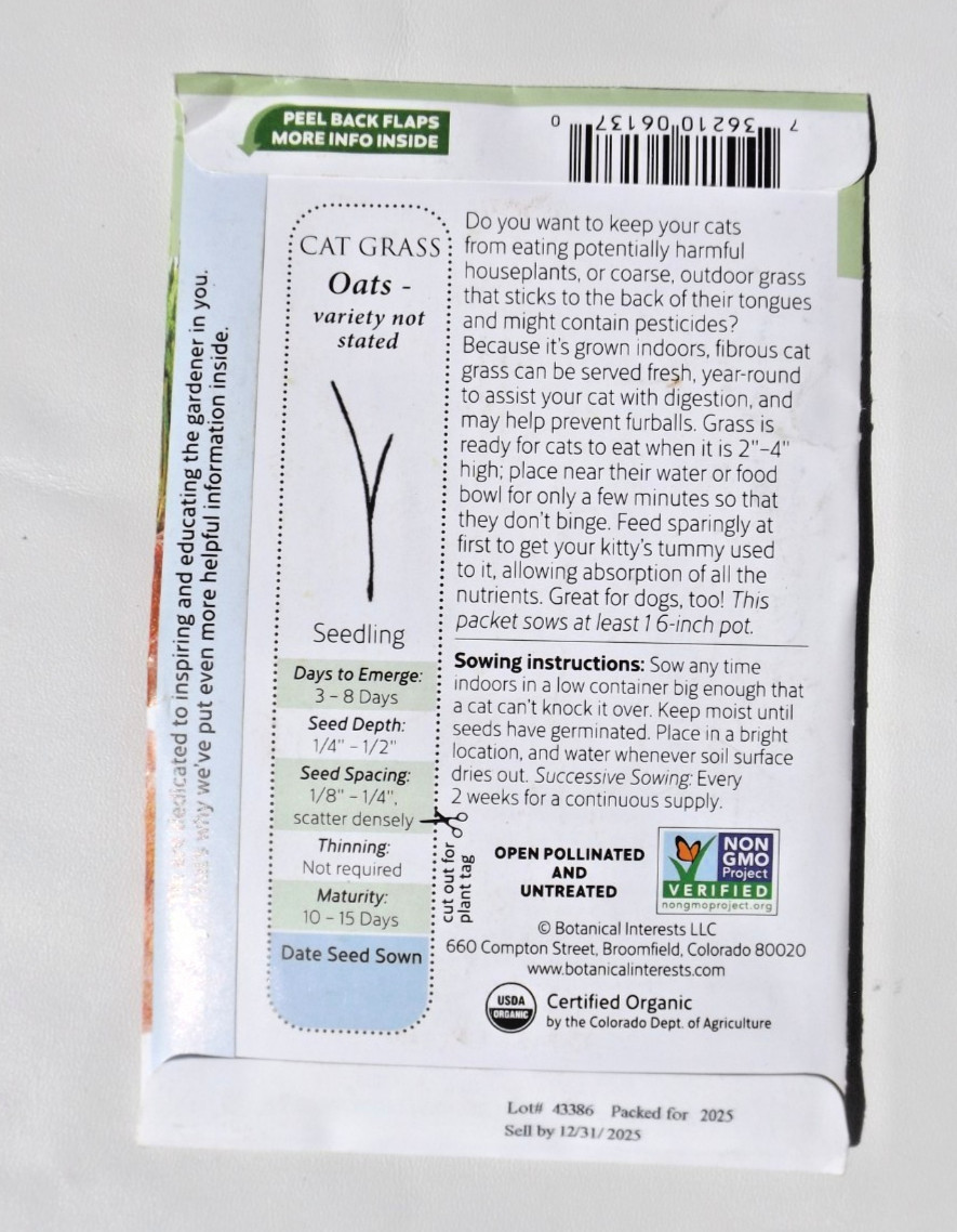 Lot #11 12 packs Botanical Interest Seeds, Organic Cat Oat Grass. Cat Nip