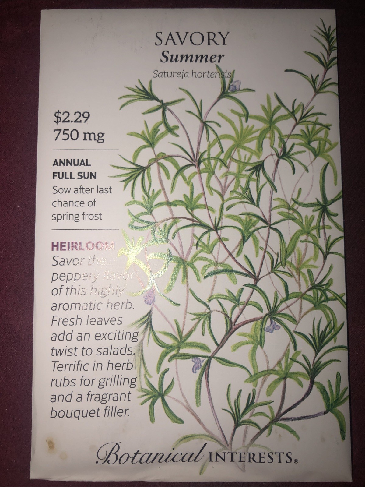 Savory Summer Herb Heirloom Seeds Botanical Interests Exp. 12/2024