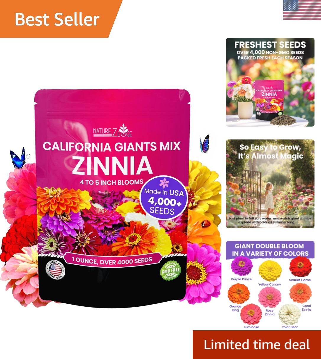 California Giants Zinnia Seeds – Multi-Color, GMO Free, 1 Oz for Vibrant Gardens