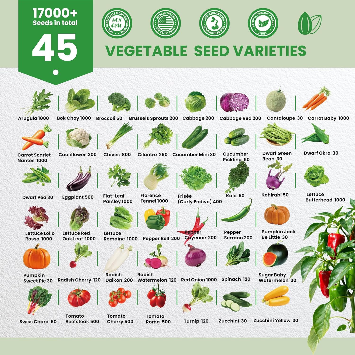 45 Vegetable Seeds Variety Pack – 17,000+ Non-GMO Heirloom for Planting Garden S