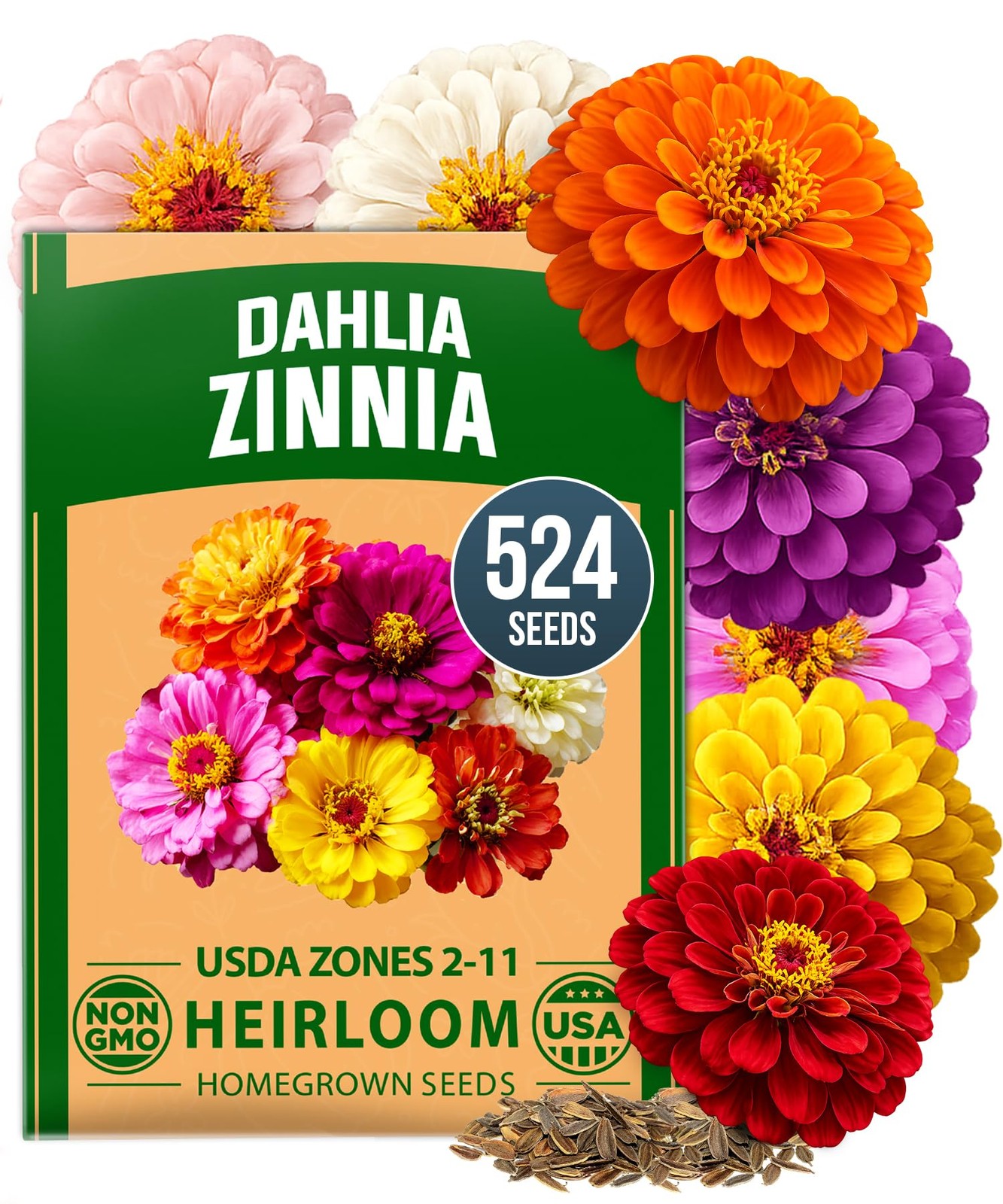 HOME GROWN Zinnia Dahlia Seeds Pack for 2026 Non GMO 524 Flower 1-Pack, Multi