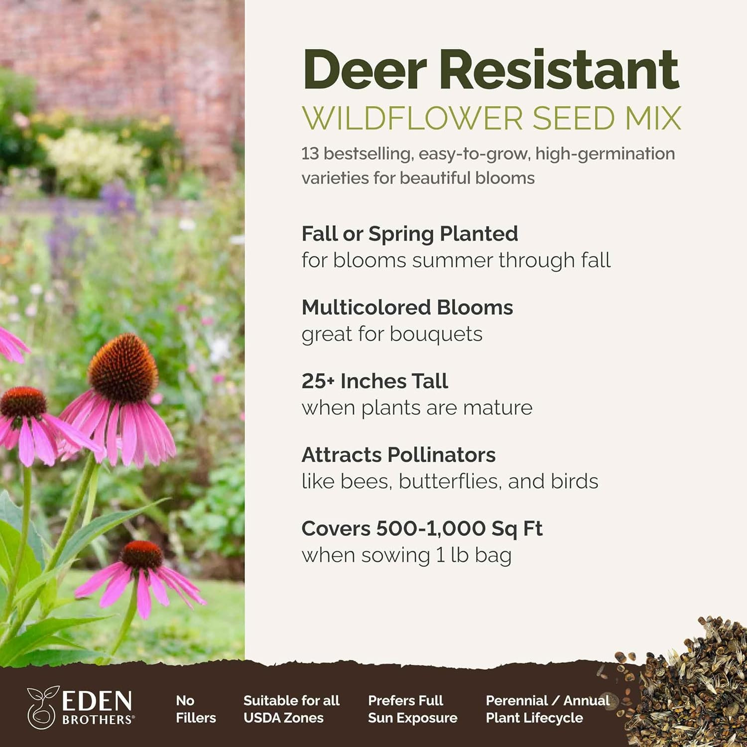 Deer Resistant Wildflower Mixed Seeds for Planting, 1 Lb, 480,000+ Seeds with Fo