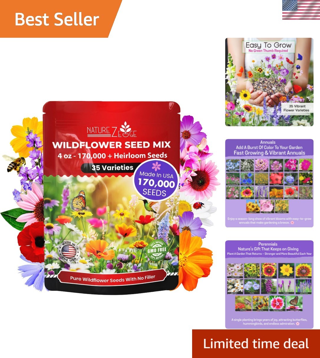 Attract Pollinators with 170,000 Wildflower Seeds – 1/4 lb Rainbow of Blooms