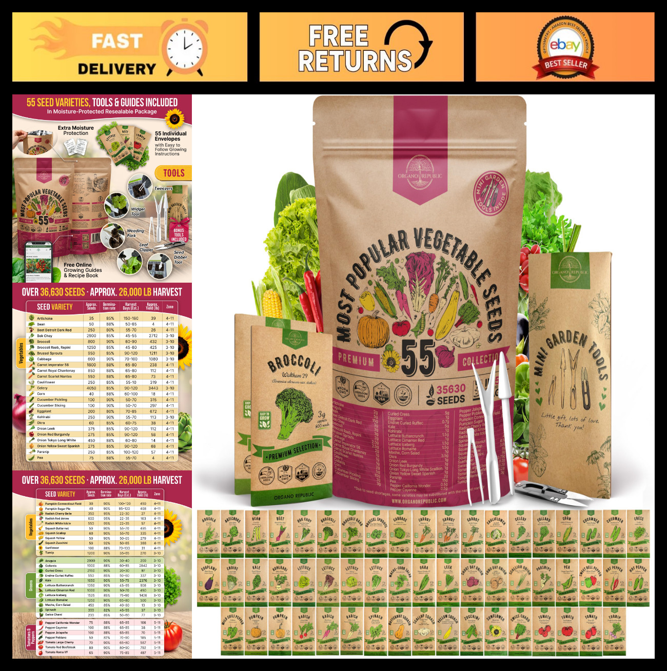 55 Vegetable Seeds Variety Pack – 35,600+ Non-GMO Heirloom Seeds for Home Garden