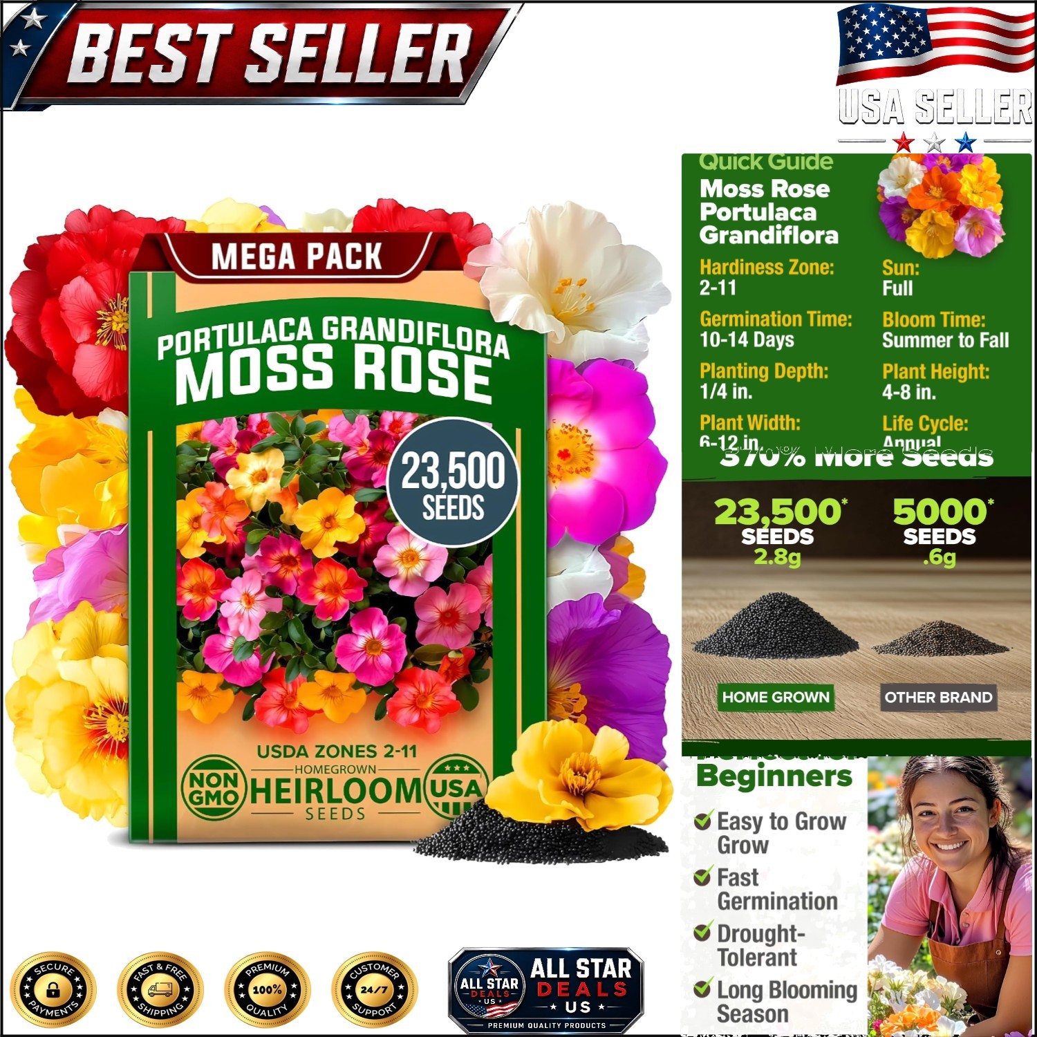 Bright Moss Rose Seeds Bulk Pack – 23,500+ Colorful Annual Flowers for Gardens