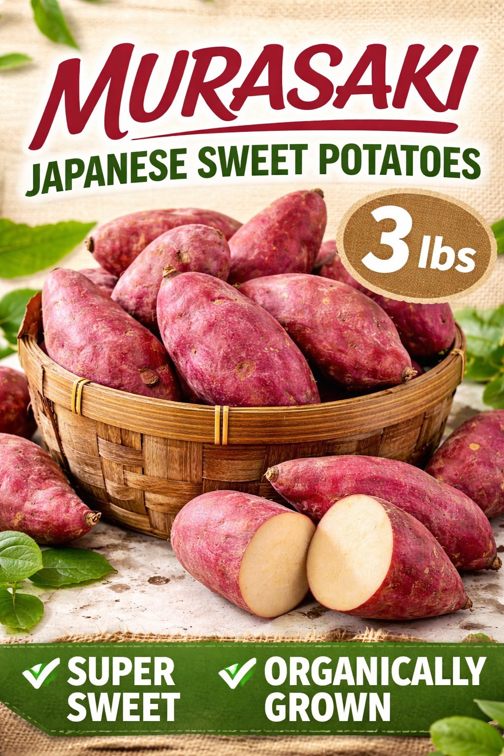 Japanese Murasaki Sweet Potatoes – 3 LB | Red Skin, White Flesh | Premium USA