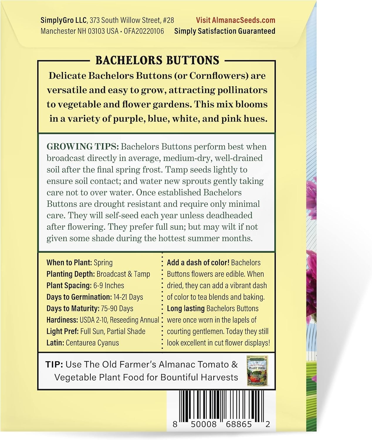 The Old Farmer’s Almanac Bachelors Buttons Seeds – Blue,Pink,Purple,White