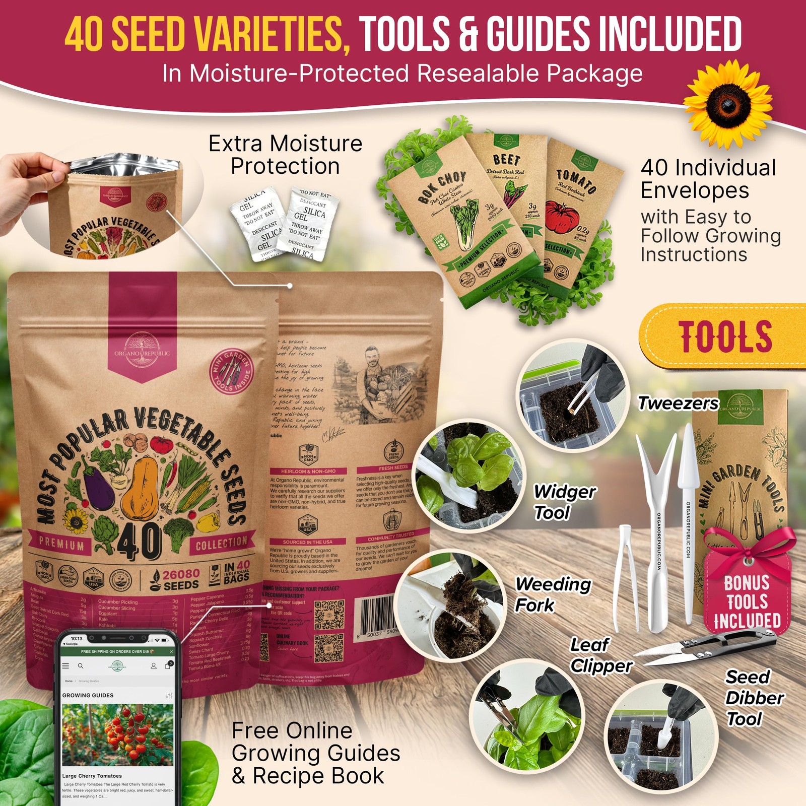 Organo Republic 40 Vegetable Seeds Variety Pack 26000 Non GMO Heirloom Seeds…