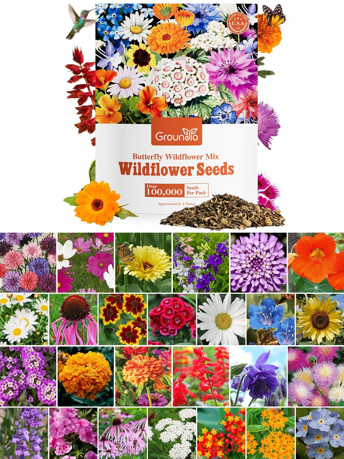 Wildflower Seeds Bulk Mix, 100,000+ Seeds, Attract Pollinators, Zones 3-10