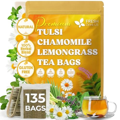 , Premium 135 Tea Bags Tulsi Chamomile Lemongrass Herbal Tea | Blend with Holy