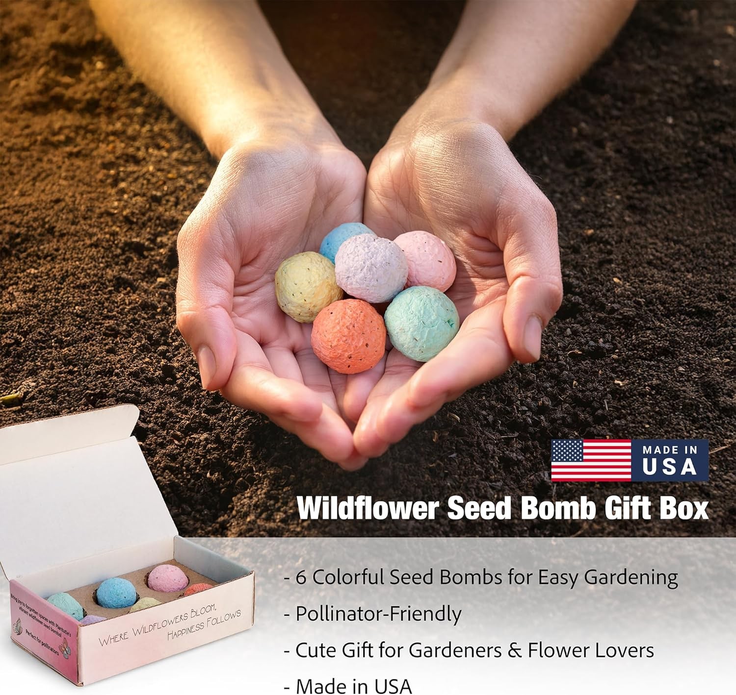 Wildflower Seed Bomb Gift Box – 6 Colorful Hand Rolled Seed Balls for Easy Gar
