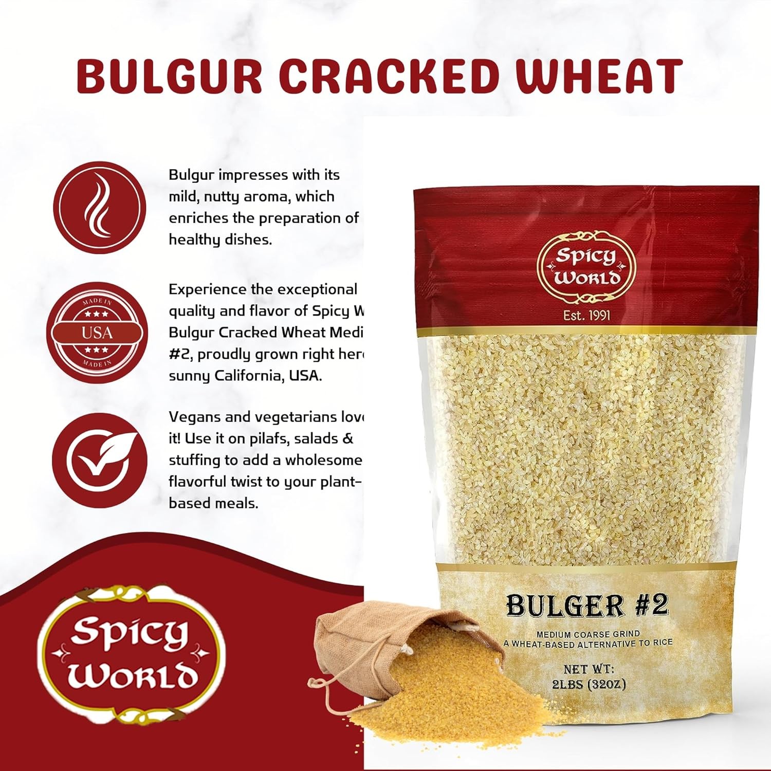 Spicy World Bulgur Cracked Wheat Medium Coarse #2, 2 LB 2 Pound (Pack of 1)