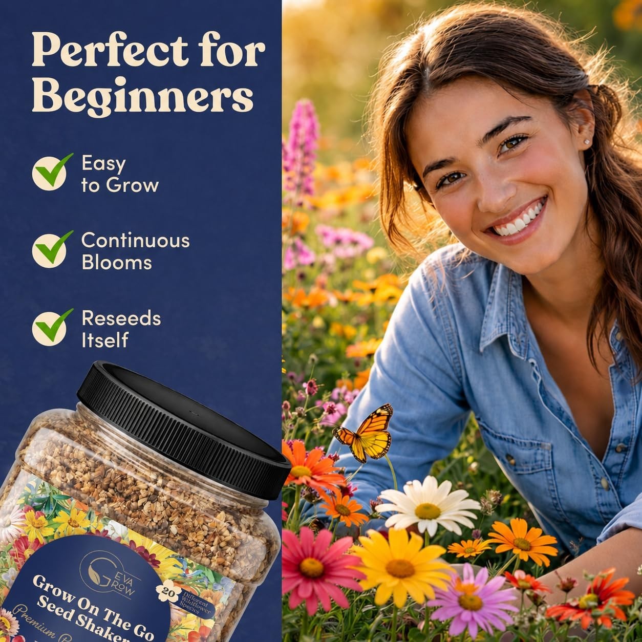 Bulk Wildflower Seed Shaker – 900,000+ Perennial Flower Seeds Mix, 1 lb Tub, Pla