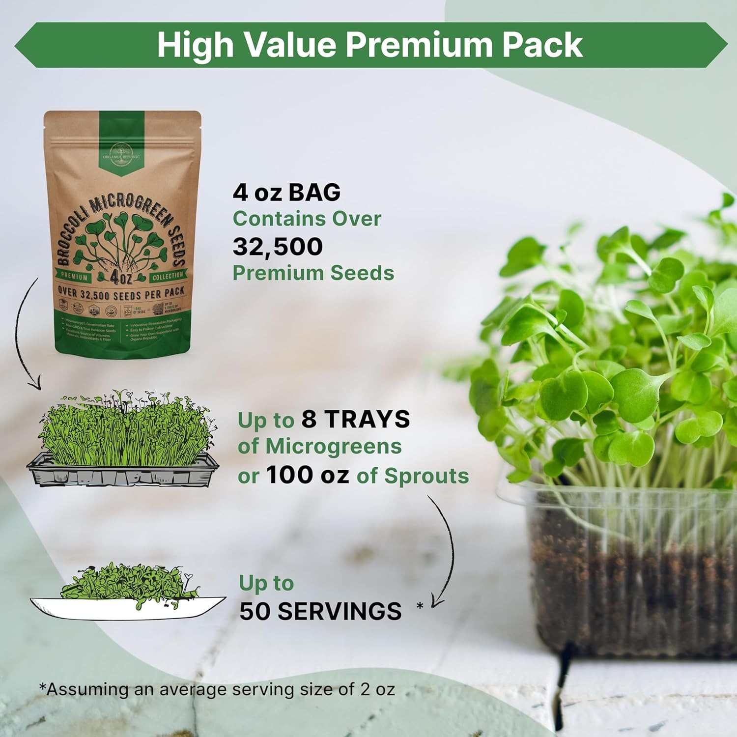 Organo Republic Broccoli Sprouting & Microgreens Seeds – 32,500 Non-GMO Seeds
