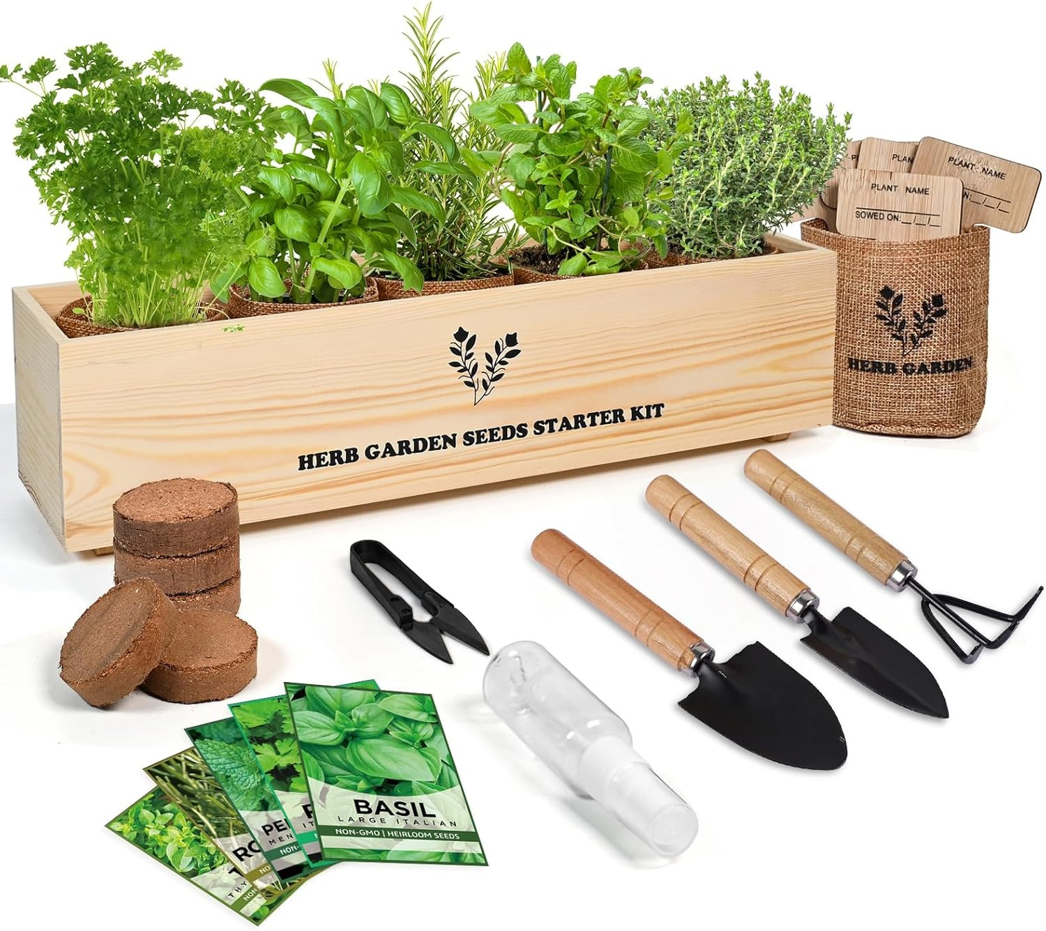 5 Herb Seeds Garden Starter Kit with Complete Planting Kit & Wooden Flower Box