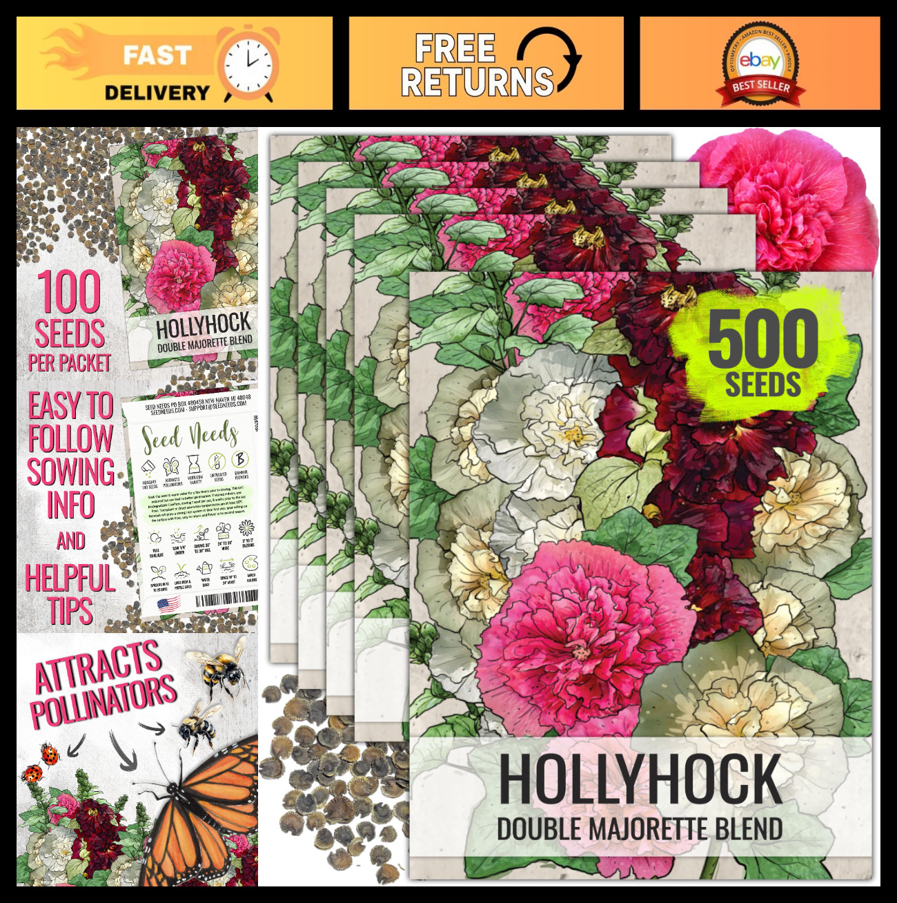 100 Heirloom Double Majorette Hollyhock Seeds – Mixed Biennial Flower for Garden