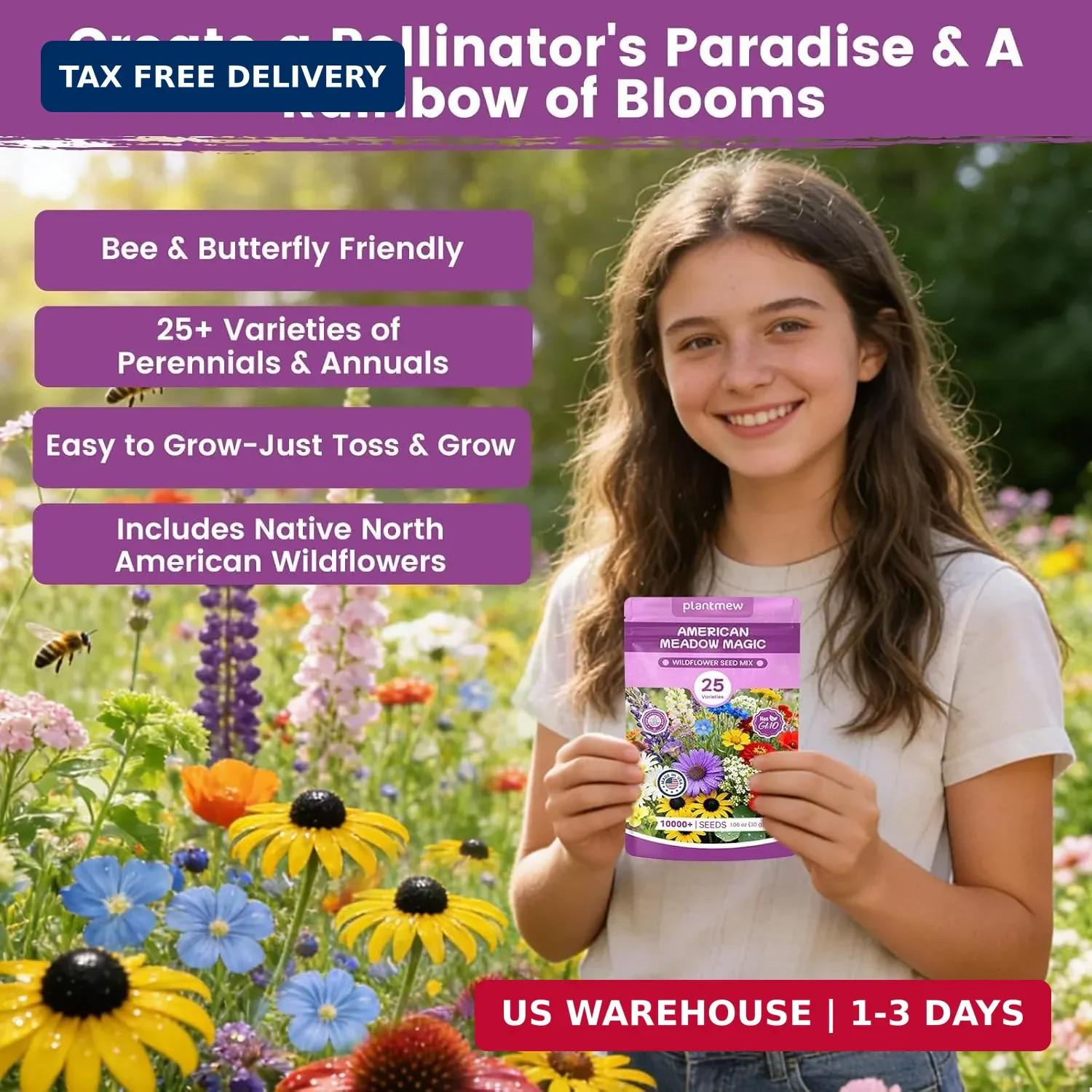 Wildflower Seeds Bulk Mix – 10,000+ Non-GMO Perennial & Annual Seeds – Texas, Ca
