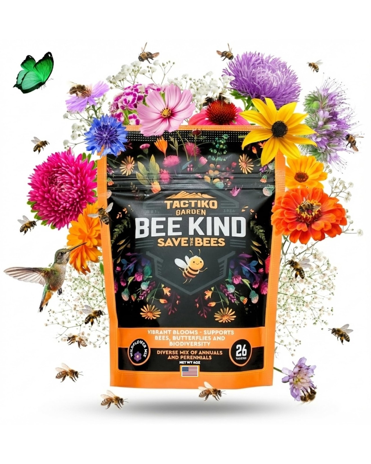 Best Tactiko Garden 26 Wildflower Seeds Mix 120,000+ 4 oz Save the Bees Seeds