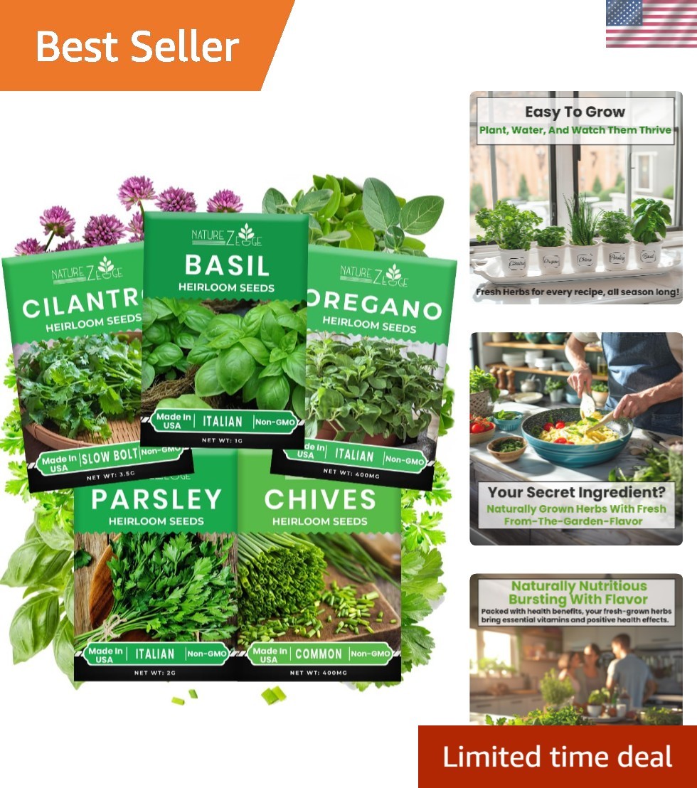Indoor/Outdoor Herb Garden Seed Kit with 5 Heirloom Varieties for Fresh Flavor