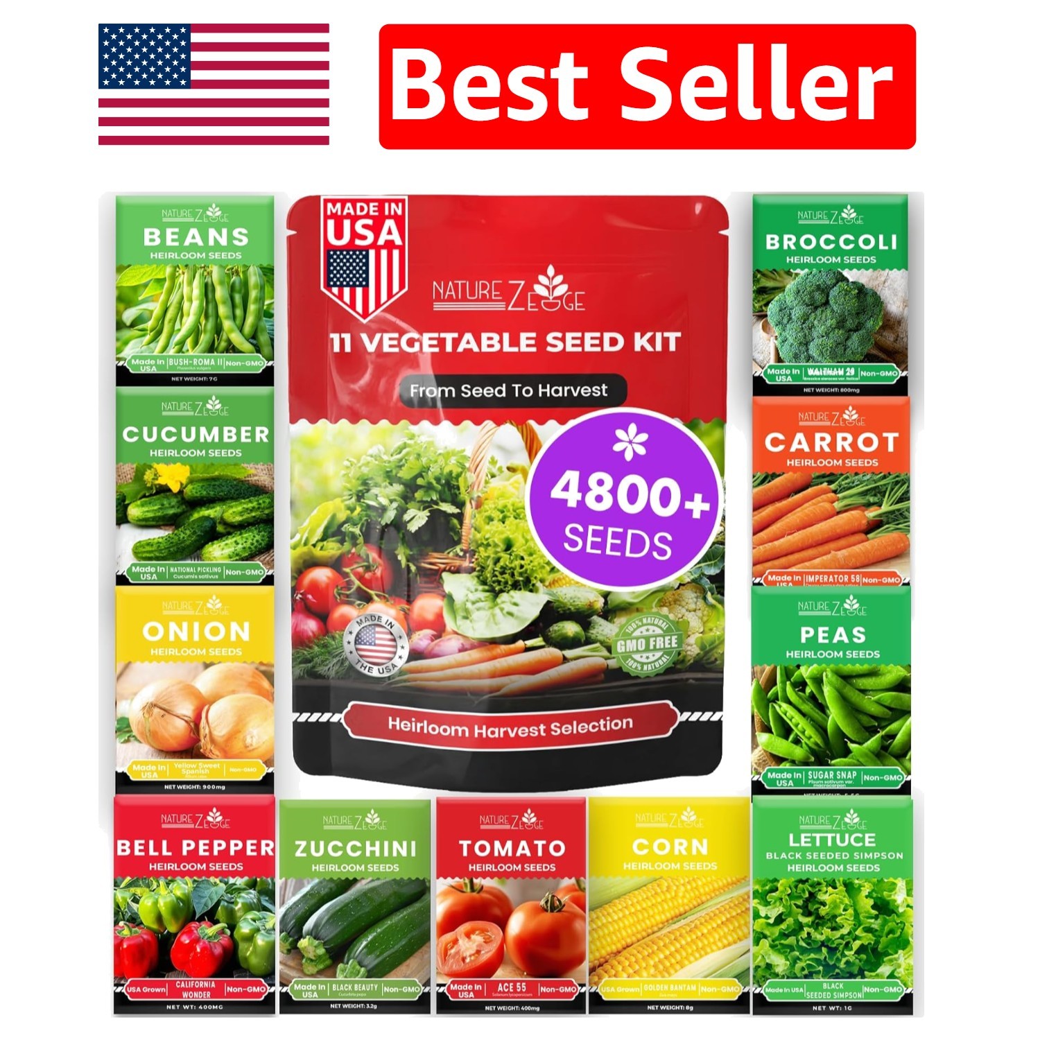 11 Heirloom Vegetable Seeds Variety Pack – 4800 Count Survival Garden Kit