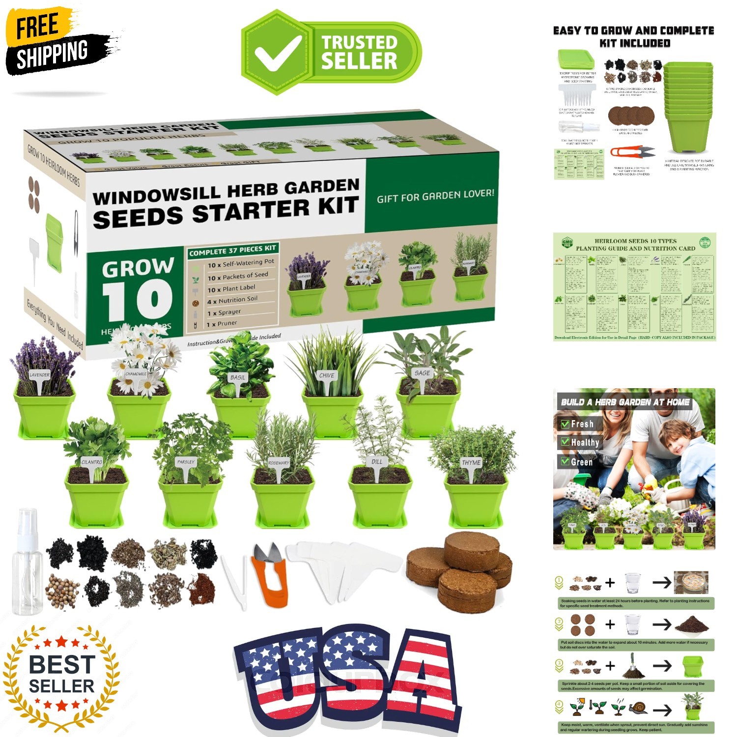 10 Herb Seeds Garden Starter Grow Kit with Green Pots, Markers, Nutritional S…