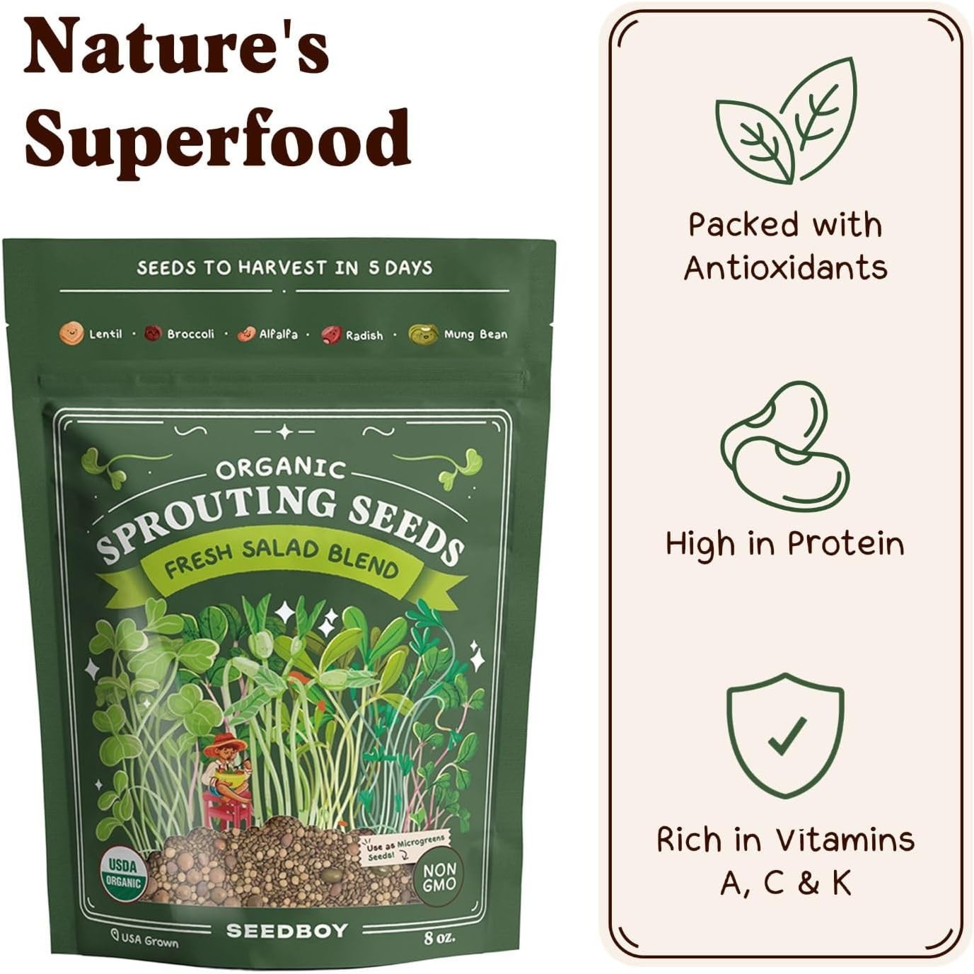 Organic Non-GMO Sprouting Seeds, Fresh Salad Blend – Grown Microgreens Mix w…