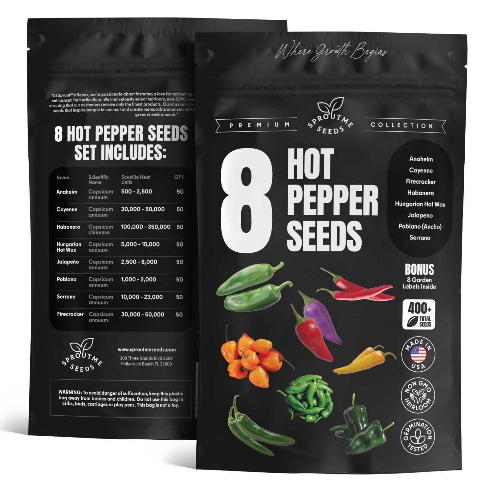 8 Hot Pepper Seeds Variety Pack – Mixed Heat Garden Collection, Heirloom Non-GMO