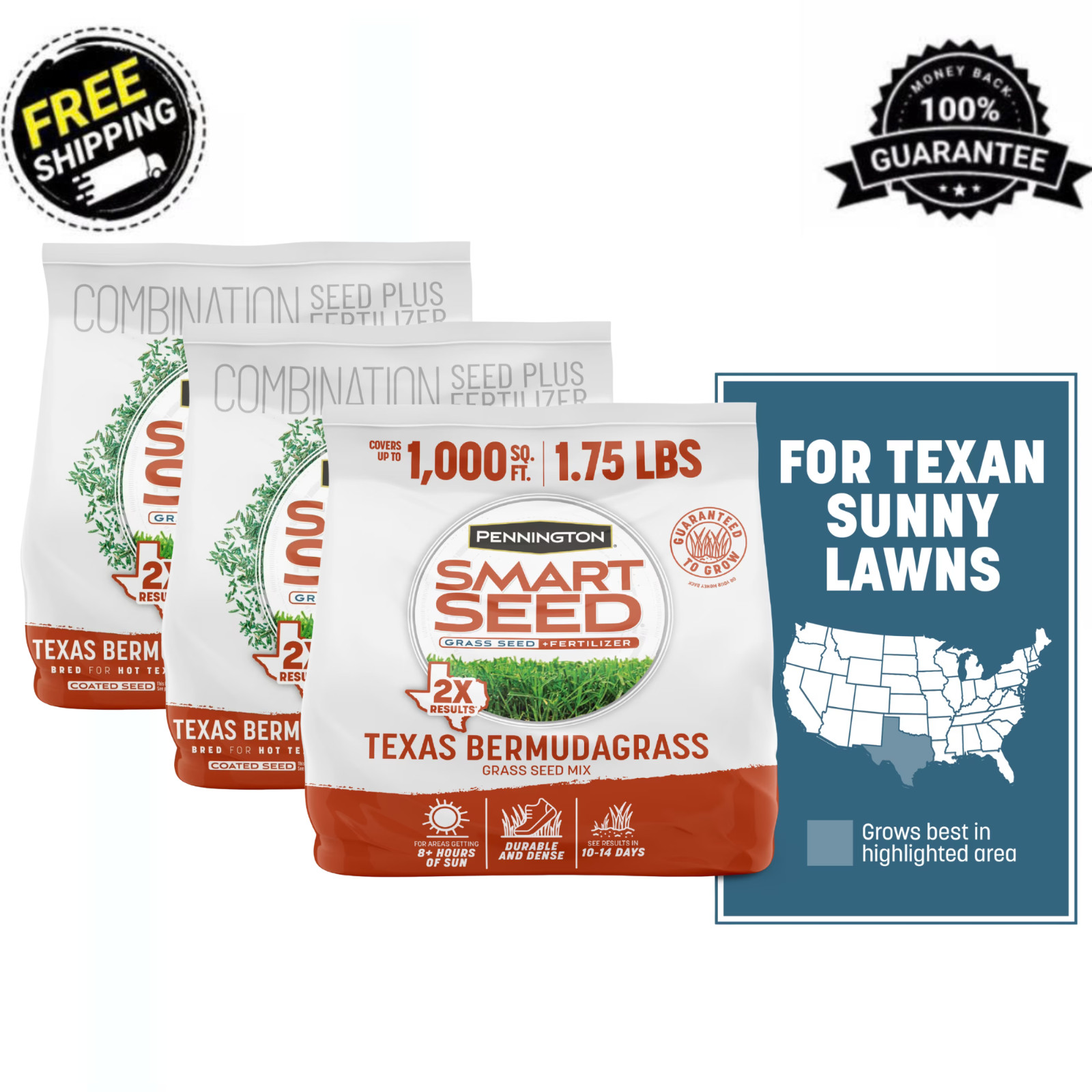 (3 Pack) Pennington Smart Seed Texas Bermuda Grass Seed 1.75 lb Full Sun Lawn