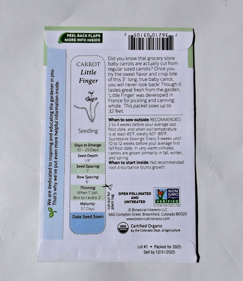 Lot #4. 12 packs Botanical Interests seeds, Blue Lake Bean , Carrots, Snap Peas