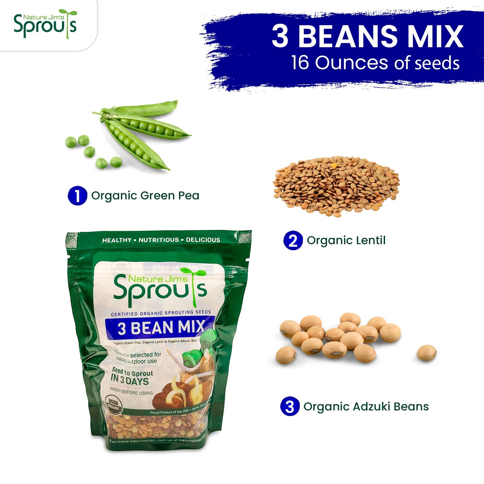 Organic 3-Bean Seed Mix for Planting – Non-GMO Microgreen Sprout Seeds 16 Oz