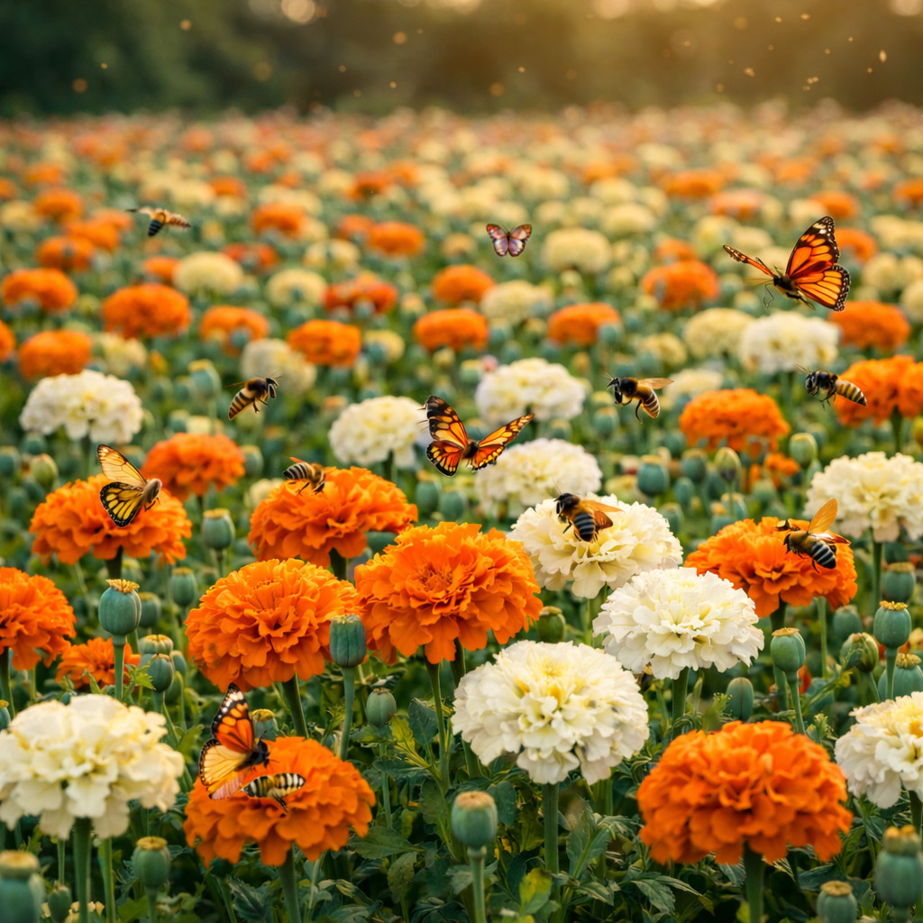 African Marigold SUN & MOON Mix Mandarin Orange + Moonlight White 100 Seeds!
