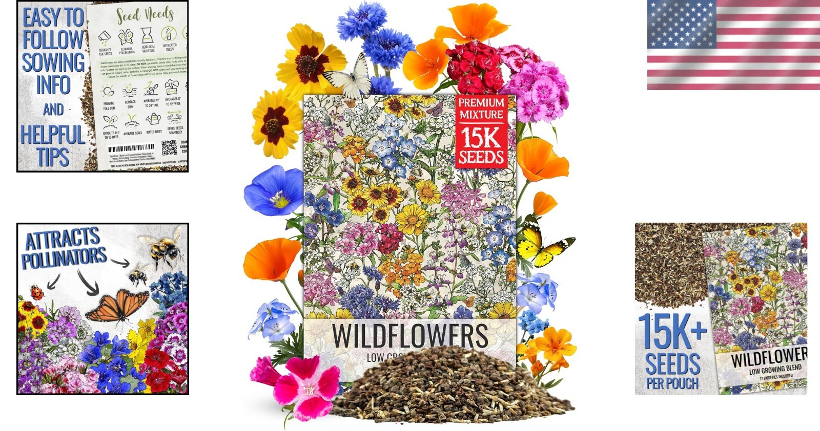 1 Ounce Low-Growing Wildflower Seeds Mix – Attract Butterflies & Pollinators