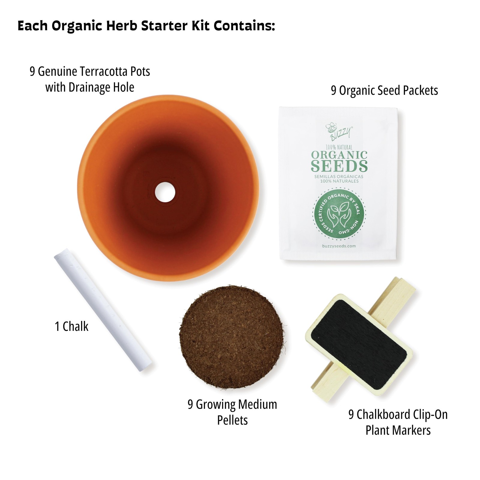 Buzzy Organic Herb Starter Kit – 9 Terracotta Pots, Organic Seeds & Soil Pell…
