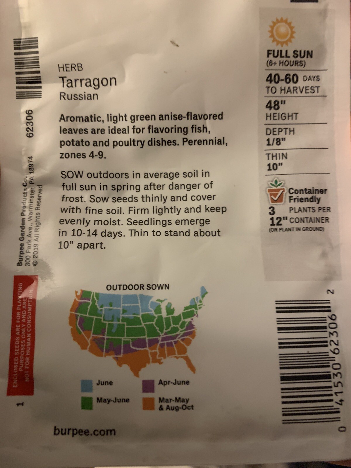 Burpee Tarragon Russian Herb Seeds Full Sun Aromatic Outdoors Seed Packet