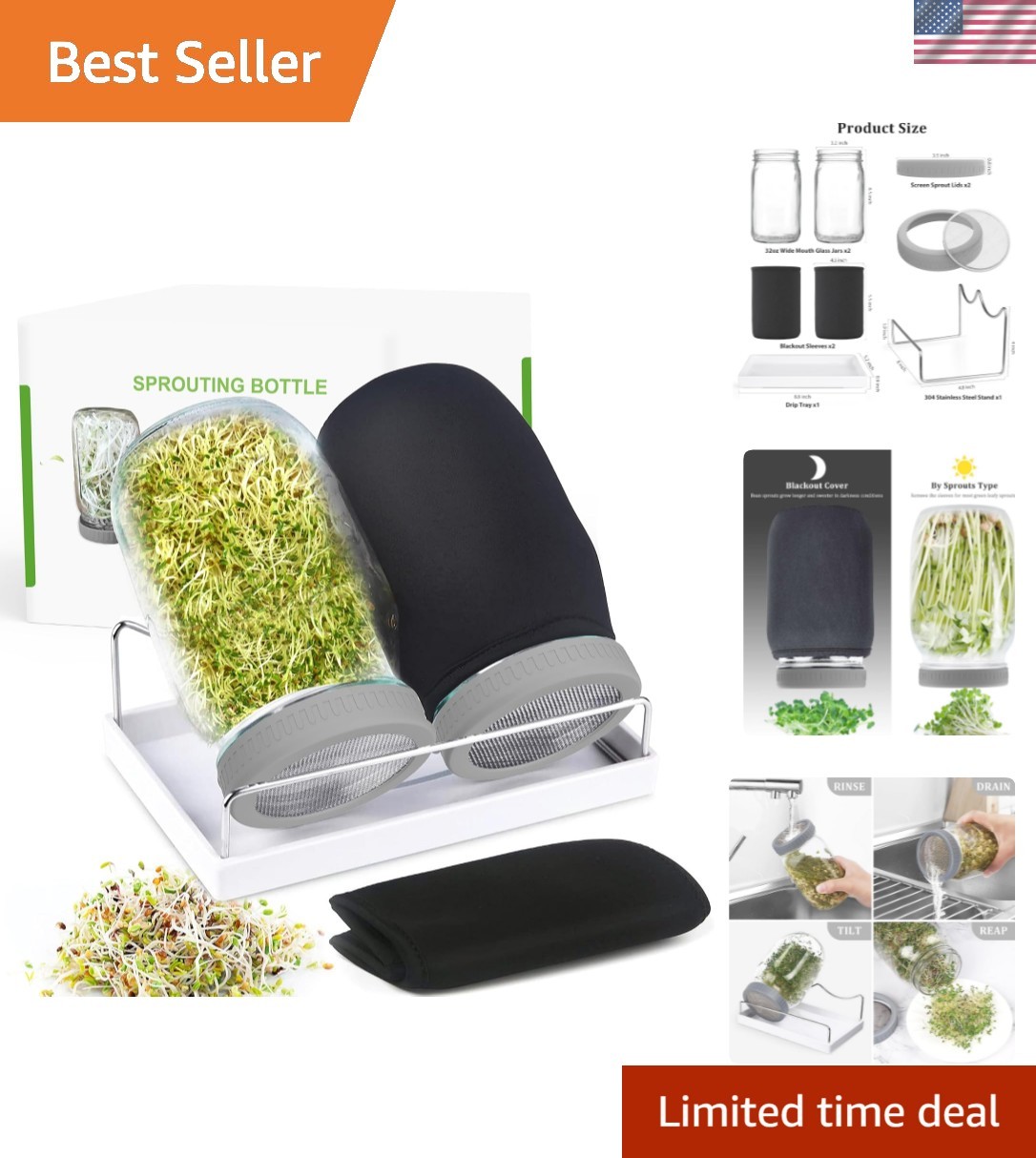 Grow Nutritious Microgreens Easily with 2 × 32 oz Sprouting Jar Kit & Lids