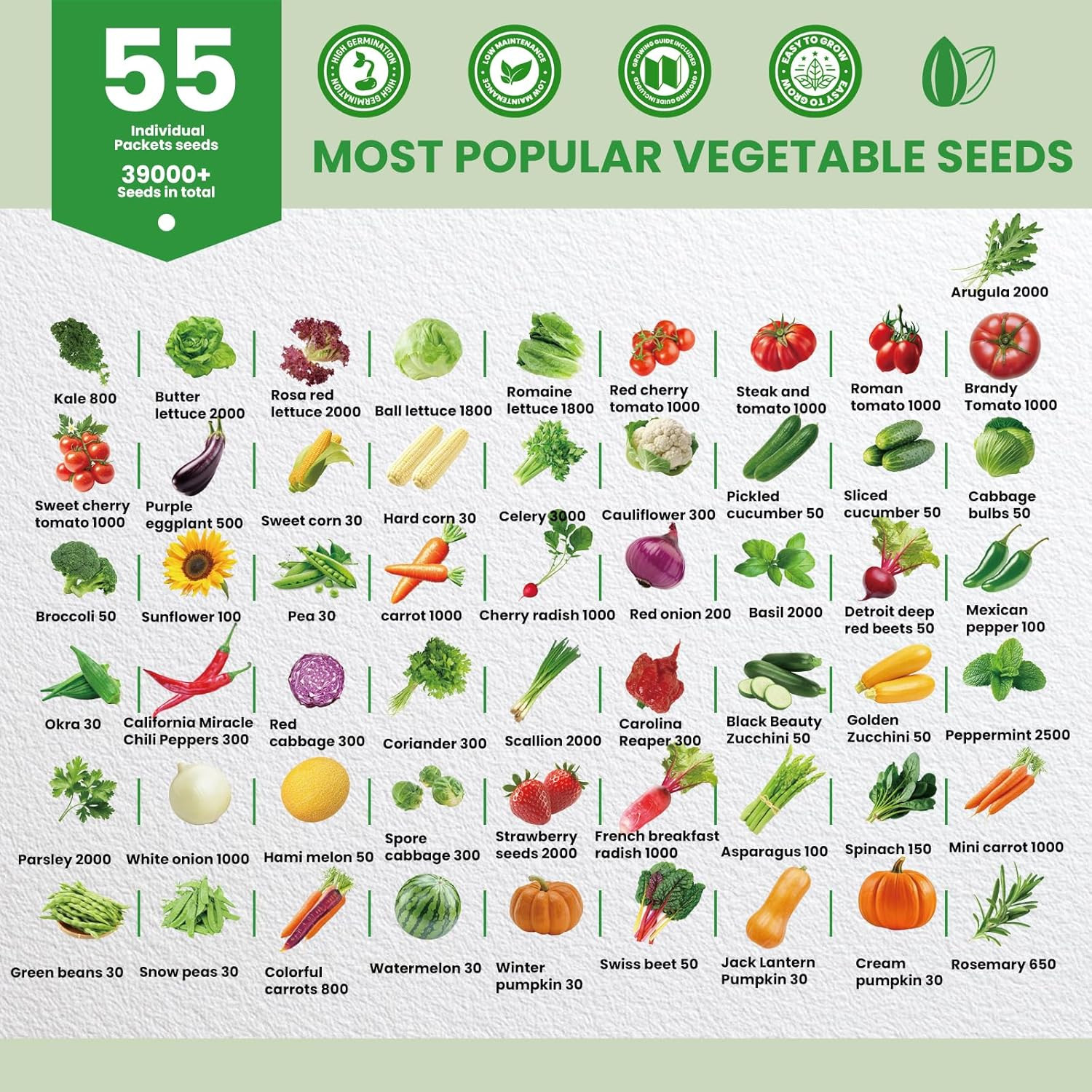 55 Vegetable Seeds Variety Pack – 39,000+ Heirloom Seeds for Planting Vegetables
