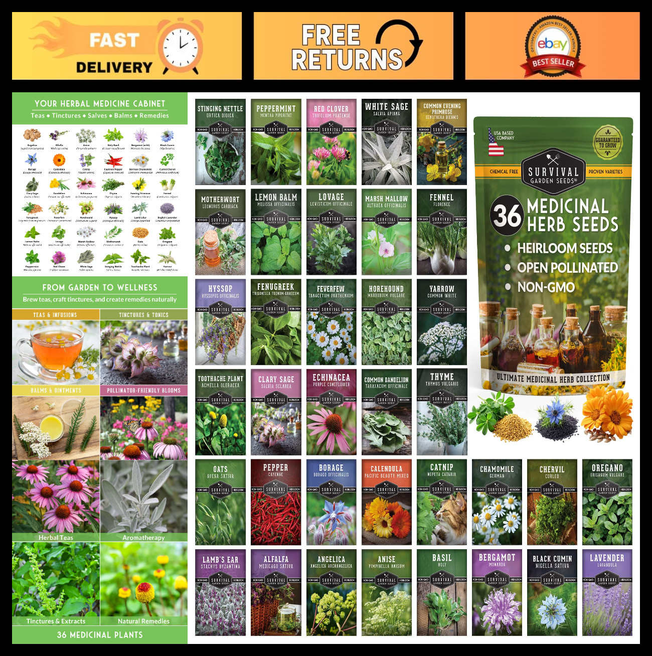 Heirloom Medicinal Herb Seeds Variety Pack – 36 Non-GMO Healing Herbs for Wellne