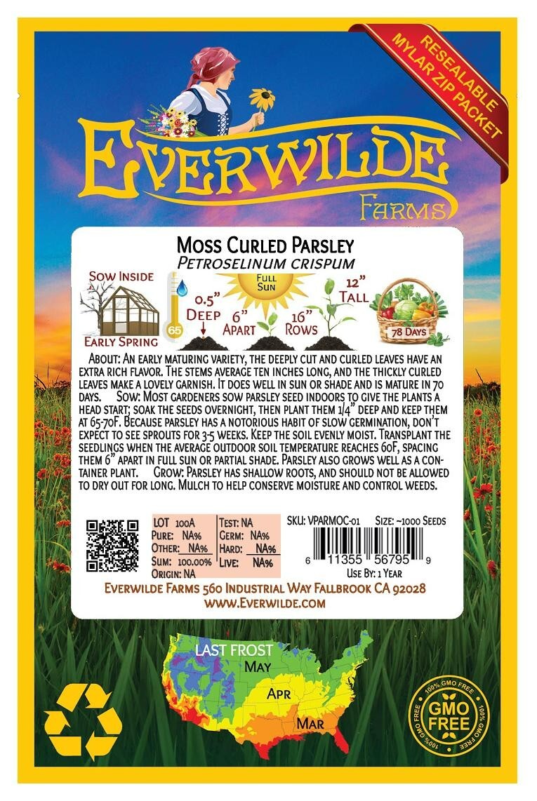 1000 Moss Curled Parsley Seeds – Everwilde Farms Mylar Seed Packet