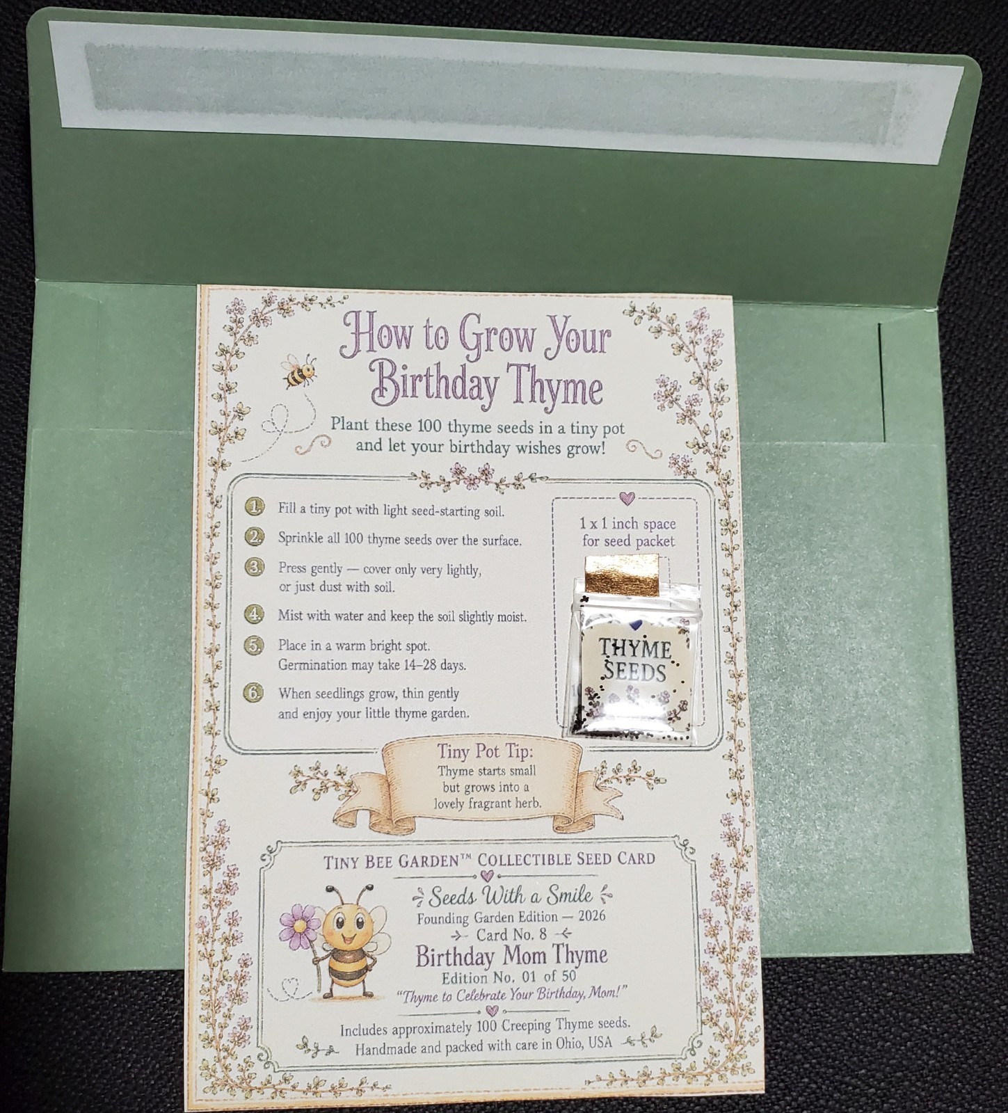 Depression: Self-help collectible gift card with Thyme seeds attached as a gift