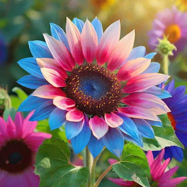 50pcs Rare Twin-Blossom Blue Over Pink Sunflower Seeds Unique Heirloom Variety