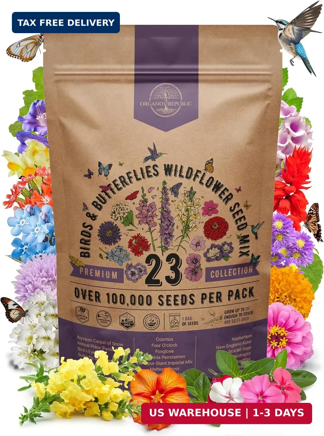 Organo Republic 23 Wildflower Seeds Annual & Perennial Mix for Indoor & Outdoors