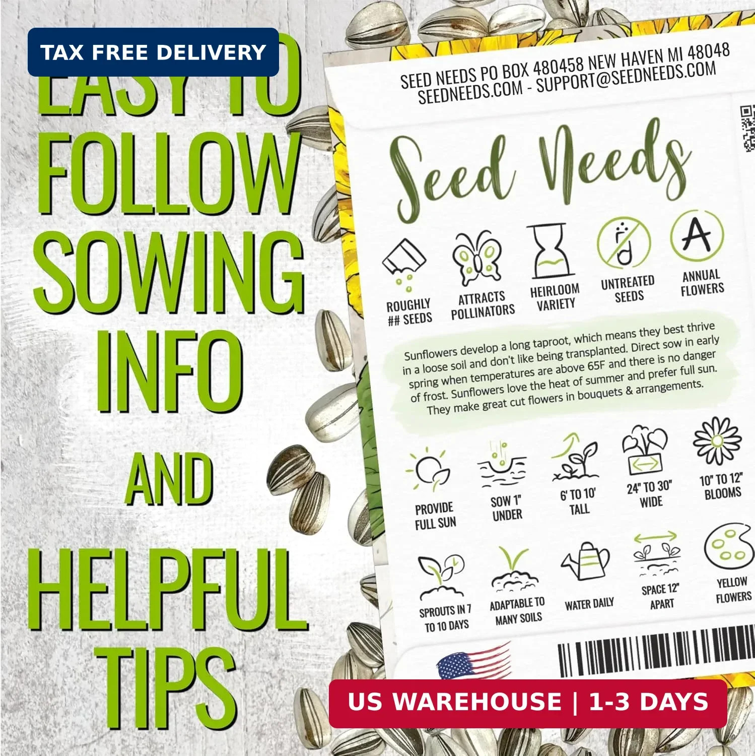 Seed Needs Sunflower Seeds to Plant 600+ Mammoth Grey Stripe Seeds | Heirloom Se