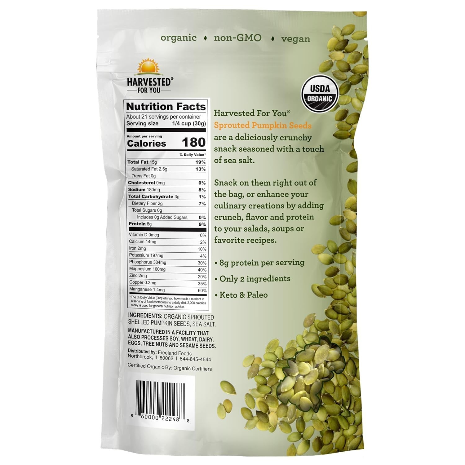 Sea Salted Sprouted Pumpkin Seeds, 22oz Bag, Non GMO, Paleo, Gluten Free, , O…