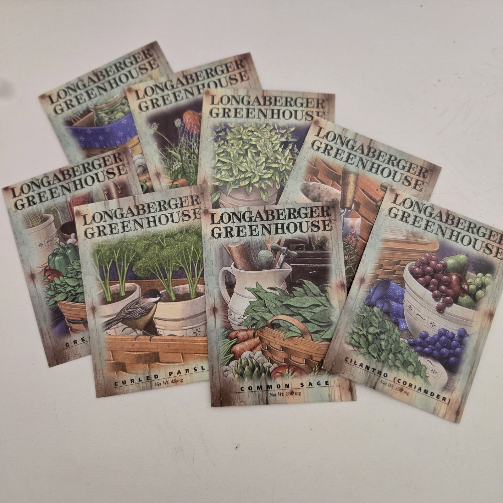 8pc LONGABERGER GREENHOUSE Seed Packets Cilantro Dill Oregano Sage Thyme Parsley
