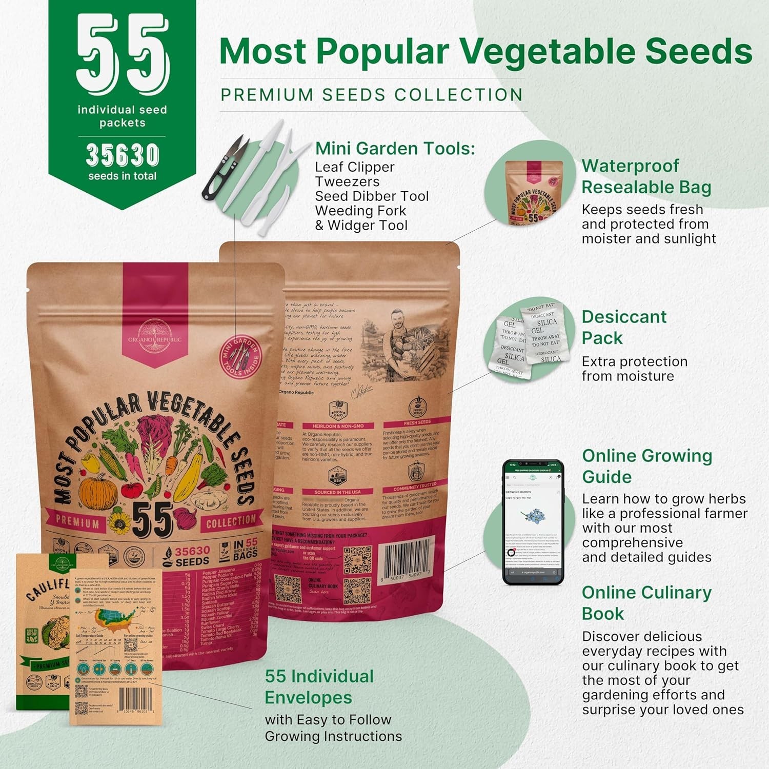 55 Vegetable Seeds Variety Pack – 35,600+ Non-Gmo Heirloom Seeds for Planting Ve