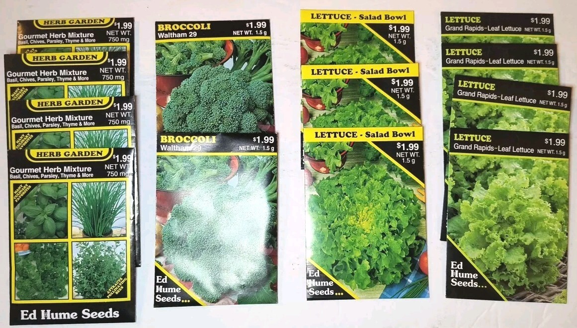 Lot Of 13 Ed Hume Non GMO Herb Mix, Broccoli & Salad Lettuce Seeds