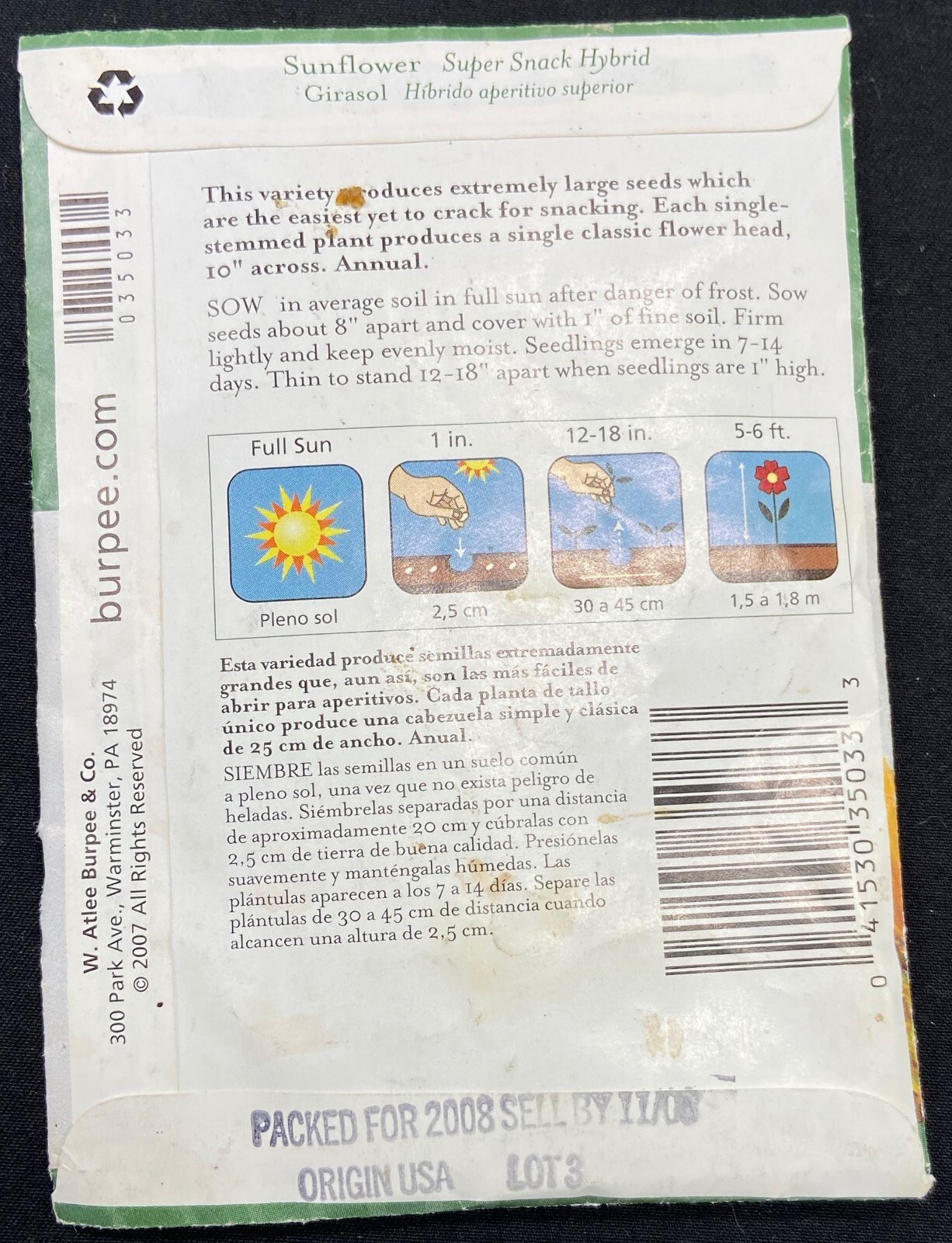Seeds – Sunflower (Helianthus) – Super Snack Hybrid – edible – Burpee – sealed